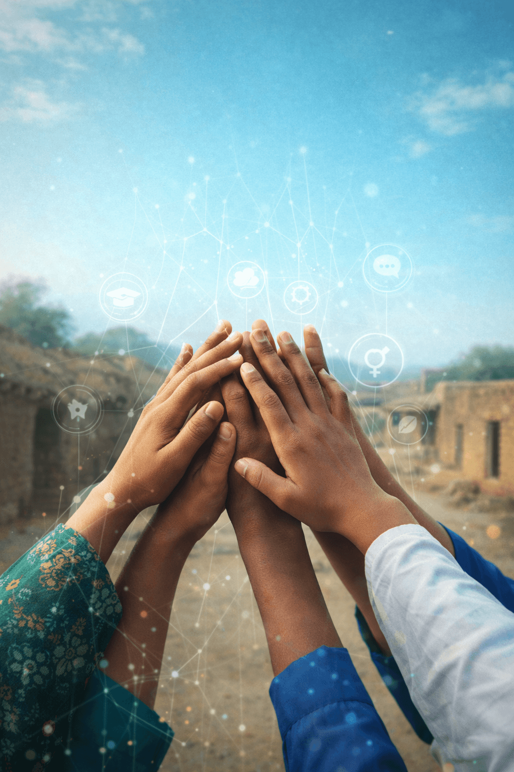 Real image of a child’s hand placed over another hand representing care, support, and the organization’s mission